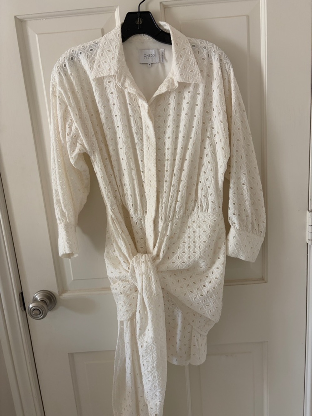 One33 Eyelet Tie-Front Mini Dress in Cream